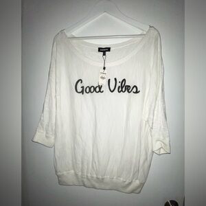 NWT EXPRESS White Good Vibes Embroidered Blouse Shirt Size L Large NEW Cute